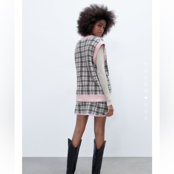 ZARA || 2-Piece/ Knit Vest + Skirt Set in Pink Plaid w/ Pearl Button Detail - Picture 5 of 7
